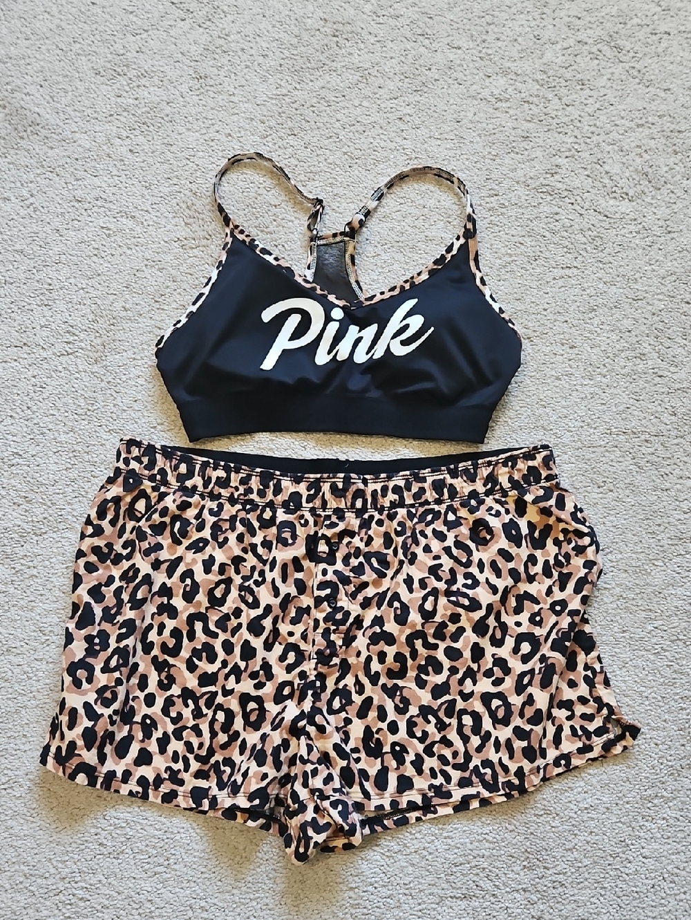 PINK Victoria's Secret Black Logo Bralette with Leopard Print Shorts